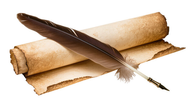Quill pen resting on aged parchment scrolls