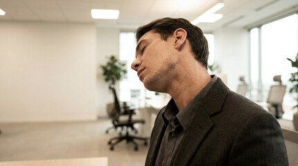 Fototapeta premium Close up shot of tired businessman stretching his neck to relieve muscle tension and pain for mental health wellness inside modern office workplace setting