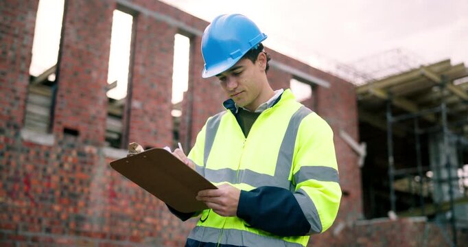 Man, inspection and writing on construction site with clipboard, quantity surveyor or report. Cost manager, person and building outdoor with checklist notes, review infrastructure or expenses