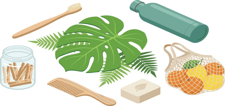 eco friendly zero waste sustainability vector element set with leaf toothbrush bottle bag