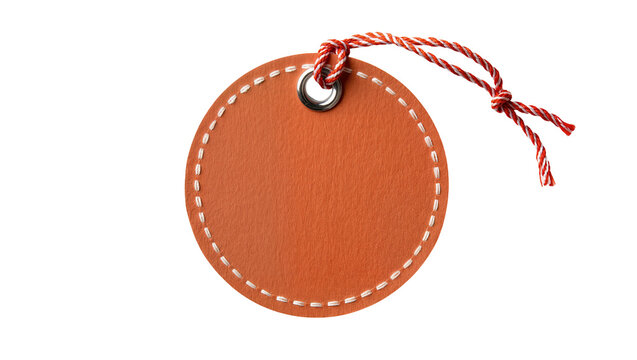 Round orange leather tag with white stitching and red white string