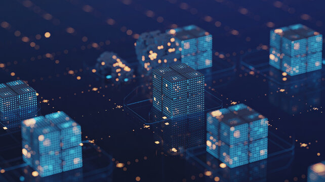 Digital cubes interconnected in a network with glowing blue lights and particles.