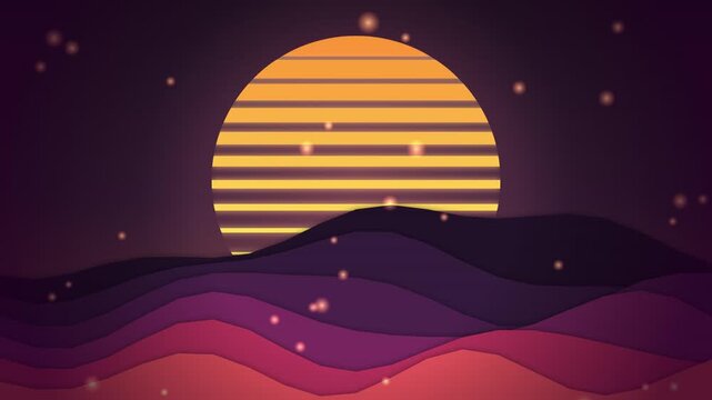 Abstract retro synthwave sunset landscape with purple mountains and orange sun