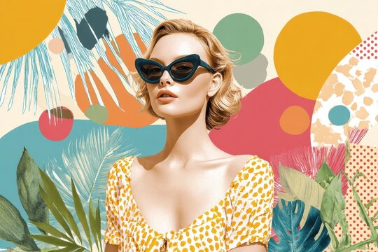 Mid-century chic: illustrated blonde in mod sunglasses in a warm summer collage scene