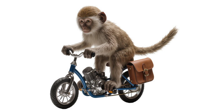 Monkey riding a custom motorcycle with leather saddlebag