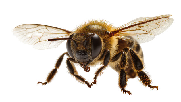 Honey bee with wings and fuzzy body