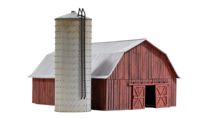 Red wooden barn with corrugated metal silo and ladder © Leon