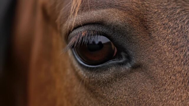 Macro close-up of horse eyes, close-up of brown horse eyes
