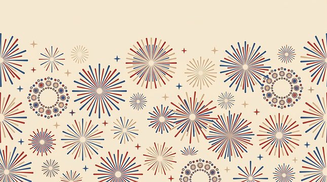 Seamless pattern with red, blue, and beige fireworks on light background