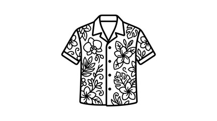 A black and white line art illustration of a tropical Hawaiian shirt. © arka saputra