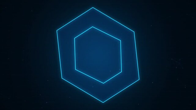 Glowing blue neon hexagon animation on dark background with futuristic digital tech aesthetic