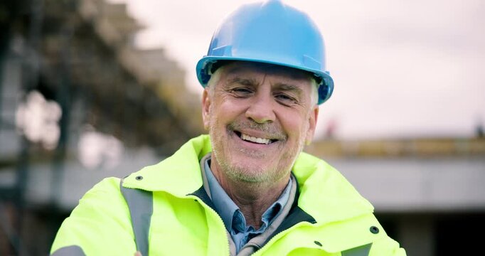 Face, engineer and happy man at construction site for development, building or confident with ppe. Smile, engineering or mature person with arms crossed, safety hard hat and infrastructure inspector