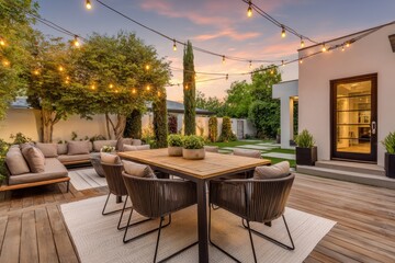 Minimalist outdoor living space with clean lines, greenery, and soft dusk ambience
