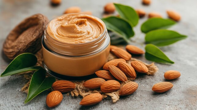 Creamy almond butter in a glass container, surrounded by raw almonds and vibrant leaves, emphasizing natural ingredients and wellness