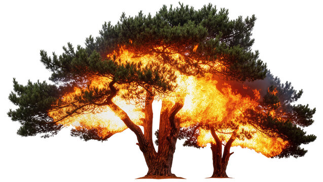 Pine tree engulfed in bright orange flames