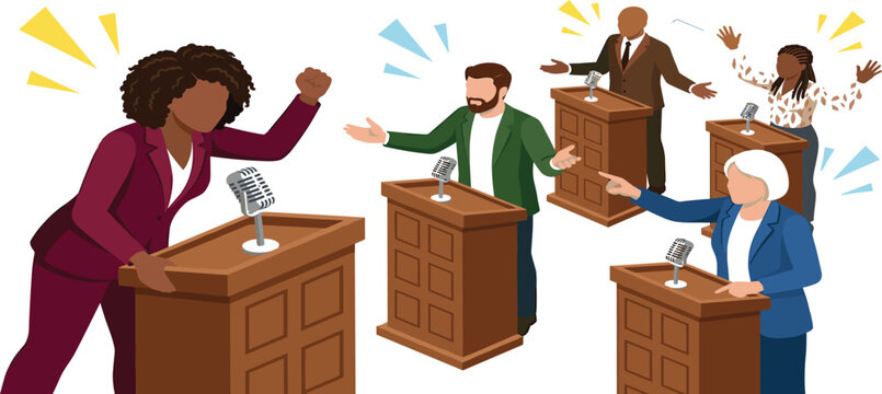 Political debate and public speaking concept vector illustration with speakers arguing at wooden podiums