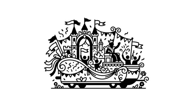 A festive parade float featuring a royal king sitting in a castle setting.