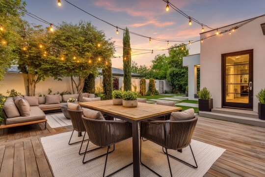 Minimalist outdoor living space with clean lines, greenery, and soft dusk ambience