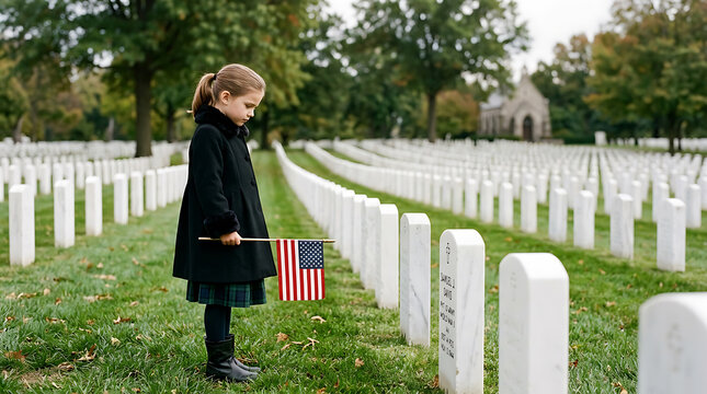 Young girl standing solemnly with an american flag at a military cemetery