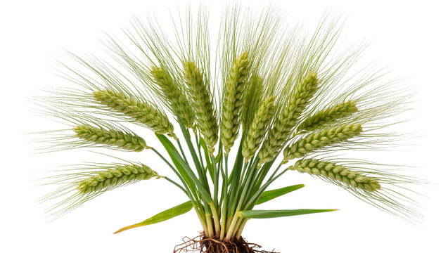 Green unripe barley ears with roots and leaves