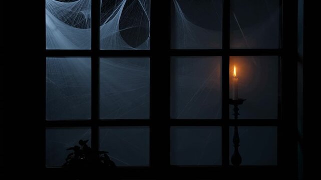 Spooky dark window with cobwebs and single burning candle flickering. Moody Halloween theme video with dimly lit window, cobwebs and glowing candle light blown by the wind.