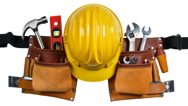 Yellow hard hat and tool belt with hammer level, and wrenches