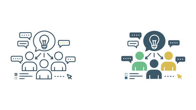 Creative team brainstorming and knowledge sharing with lightbulb innovation icons and speech bubbles in a flat vector illustration for collaborative problem solving and business development concepts