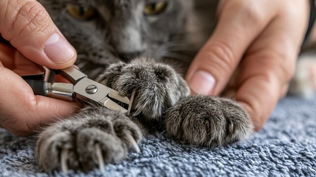 Person carefully using sharp metal clippers to trim the long claws of a fluffy grey cat on a soft blanket