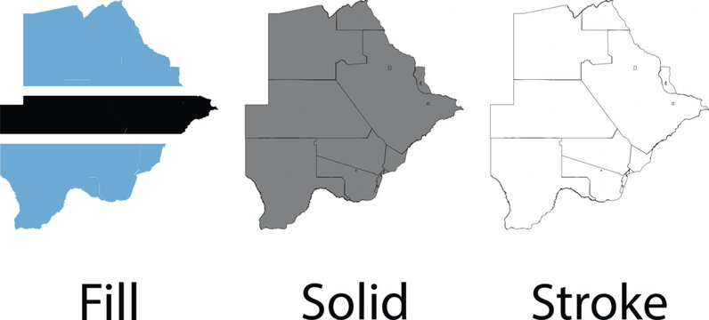 Botswana map silhouette with national flag pattern solid and outline vector illustrations set