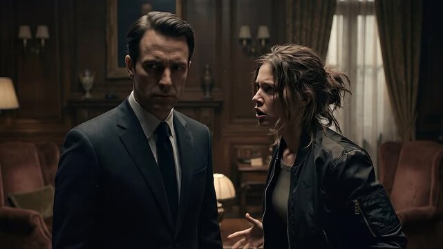 Caucasian man husband in suit ignoring angry woman wife screaming behind him in dark room. Relationship conflict and domestic crisis concept