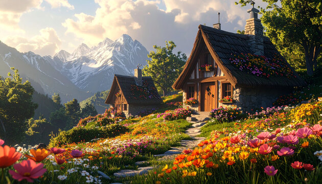 Cottages mountain landscape scenic view