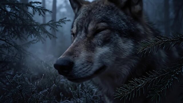 Close up of a gray wolf with intense amber eyes in a dark foggy winter forest. Wilderness survival and untamed nature with copy space