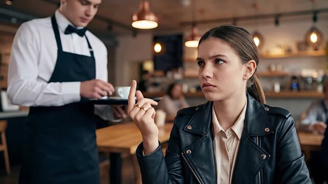 Caucasian woman teenager customer snapping fingers at waiter in cafe. Disrespectful attitude towards men and service workers. Bad manners and rude behavior concept