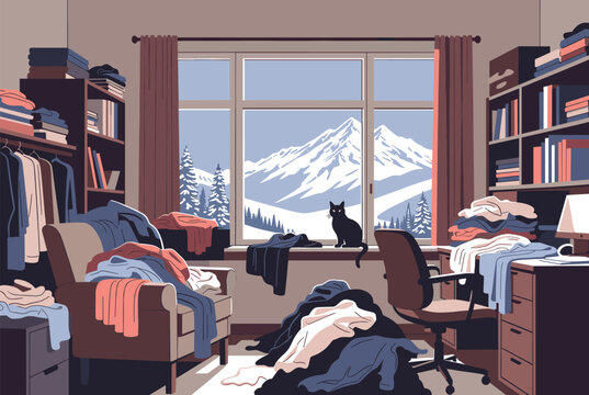 Cluttered bedroom with piles of clothes on furniture and a black cat sitting on the windowsill looking at snowy mountains.