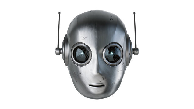 Retro robot head with antennas and camera eyes