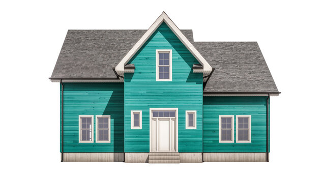 Turquoise wooden house with gray roof and white windows