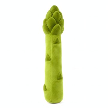 Slender green asparagus plush toy standing tall on an isolated white background. This realistic studio 3D render is suitable for organic grocery store ads and childrens books.