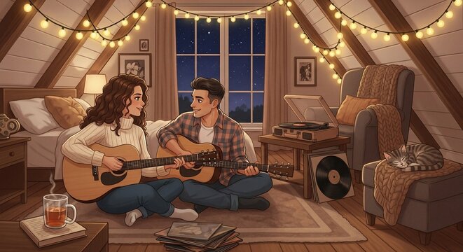 Couple playing guitars cozy interior