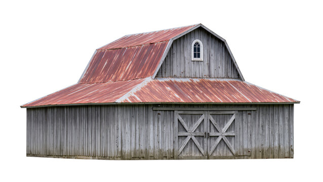 Rustic wooden barn with gambrel roof and rusty metal sheeting