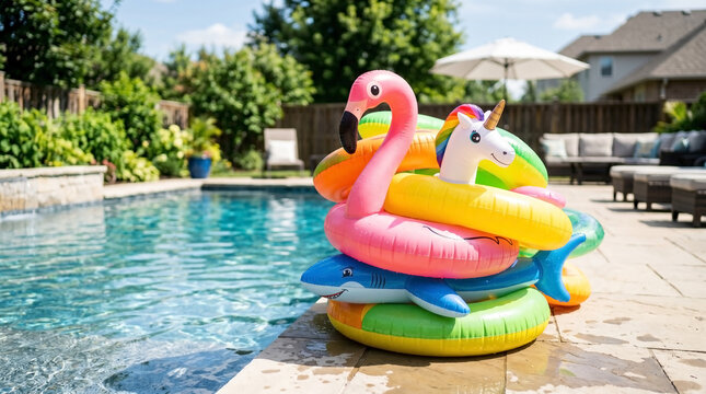 Stacking inflatable pool toys for summer fun by swimming pool, colorful flamingo, unicorn, and dolphin rings create playful atmosphere. Ideal for summer events or pool parties.
