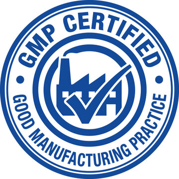 Blue gmp certified good manufacturing practice rubber stamp with factory and checkmark on transparent background.