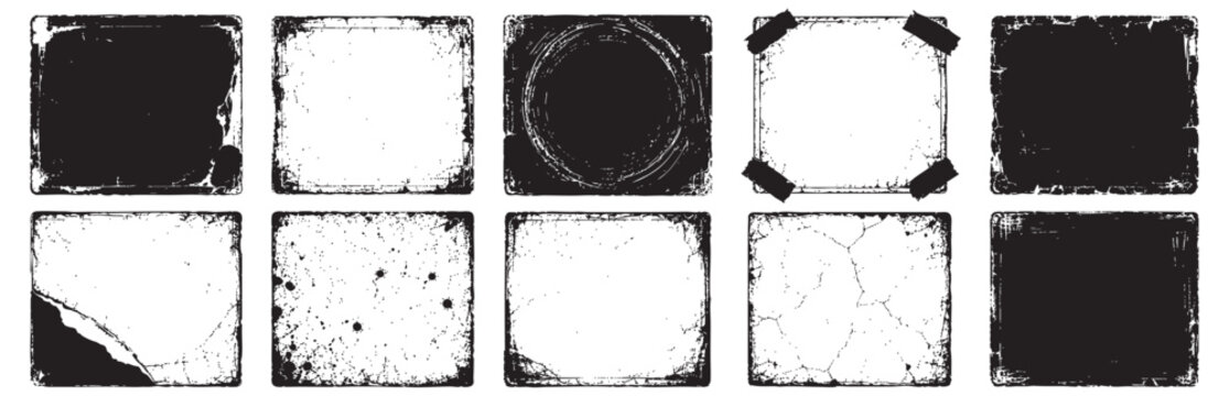 Collection of various distressed grunge photo frames and vintage picture borders with textures, scratches, and tape marks isolated on white background.