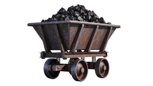 Rusty mining cart filled with black coal chunks