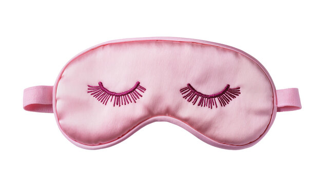 Pink satin sleep mask with embroidered closed eyes and eyelashes