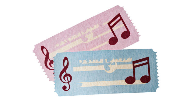 Pink and blue tickets with musical notes and treble clefs