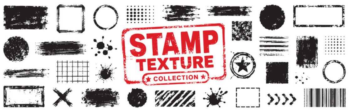 Collection of various grunge stamp textures, frames, ink splatters, lines, and design elements isolated on a white background for graphic design.