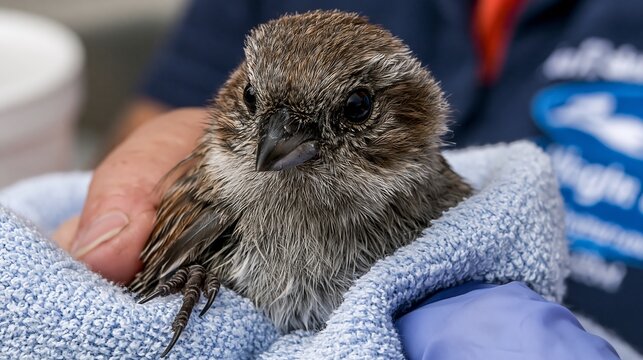 A small brown rescued fledgling bird sits comfortably wrapped inside a soft blue towel held by a gentle human hand