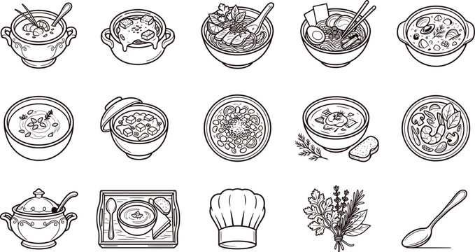 Gourmet soup and stew line art icons vector of elegant ramen pho bowls and chef hat