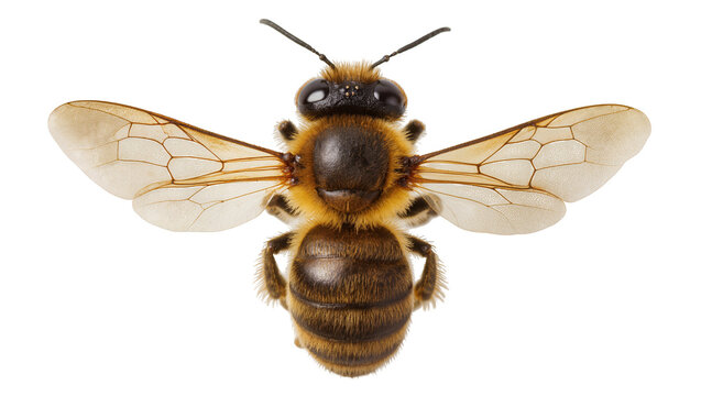 Fuzzy honey bee with wings spread wide