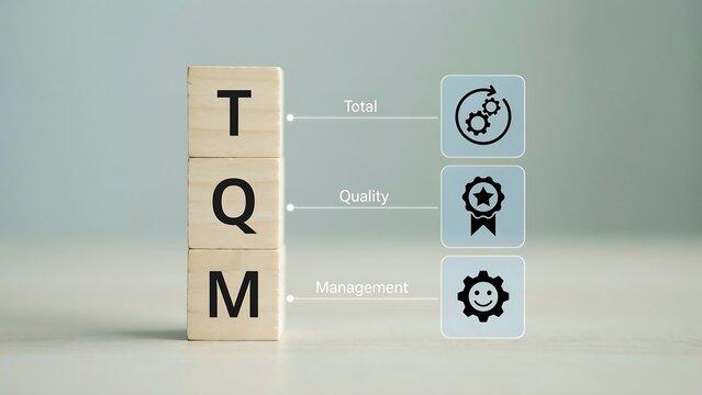 Blocks displaying TQM concept with icons representing total quality management on a table